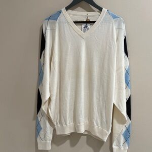 NWT Ben Hogan Cream V-Neck Sweater with Light Blue Argyle Sleeves L with alpaca